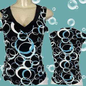 Susan Lawrence M Black Geometric Circle Print V-Neckline Stretch Sleeveless Top